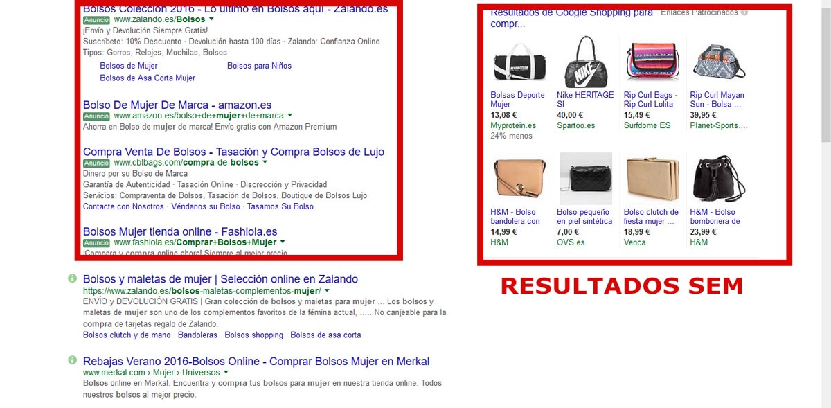 resultado SERP comprar bolsos